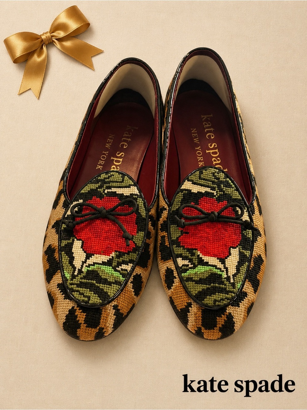 Kate Spade New York Leopard Needlepoint Rose Smoking Loafers Flats 7.5B